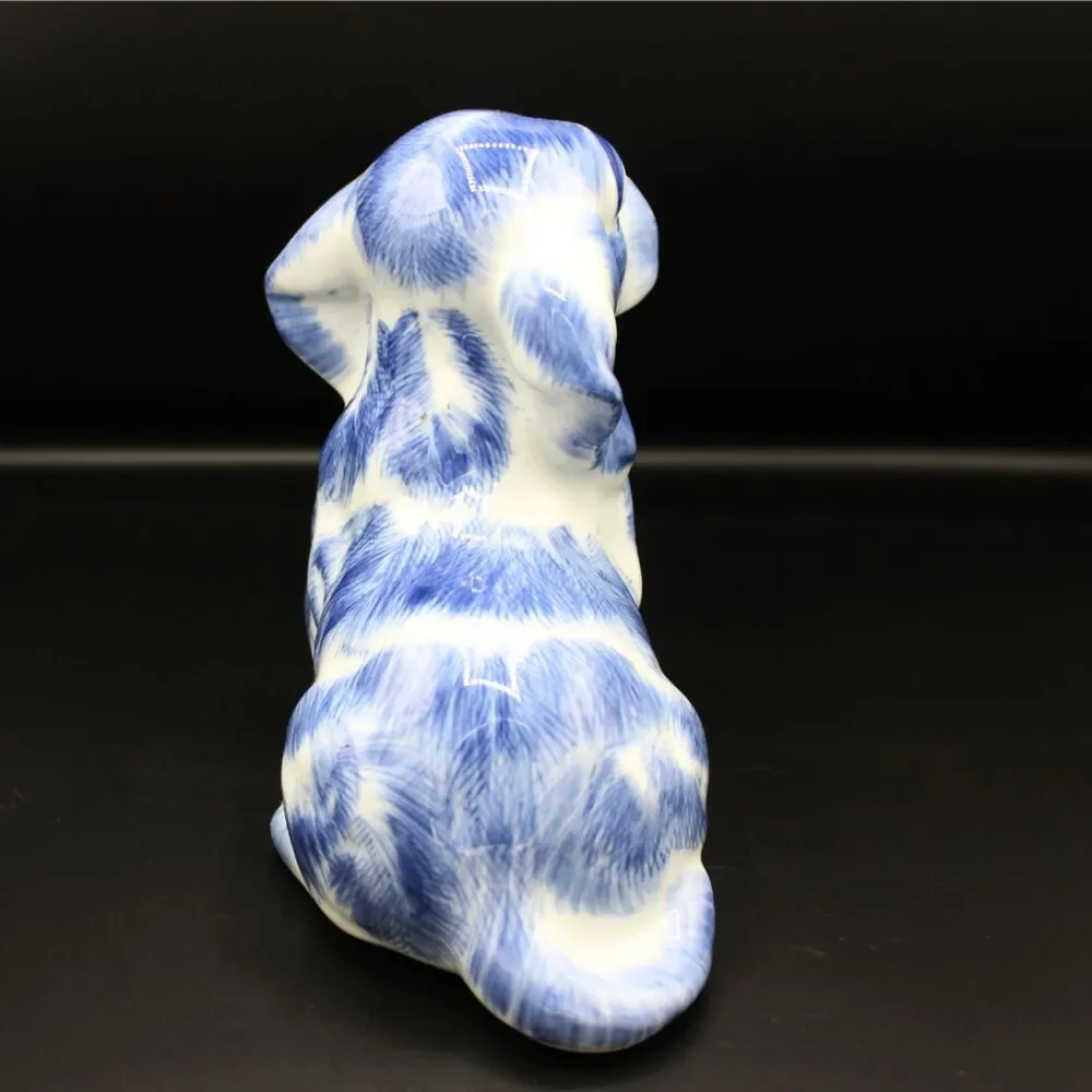 Vintage Blue White Ceramic Dog Figurine Glossy Glaze Cocker Basset Animal Decor